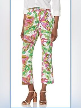 Trina Turk White Cropped Pants with Pink & Green Butterfly/Floral Print